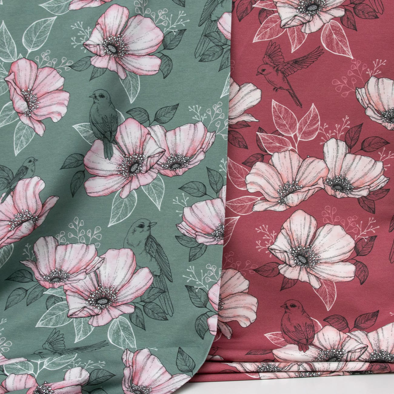 Vuorella kangaskauppa – Hellä vihreä trikoo ja Hellä viininpunainen joustocollege