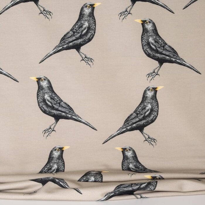 Vuorella kangaskauppa, kuviollinen joustocollege - Mustarastas joustocollege hiekka