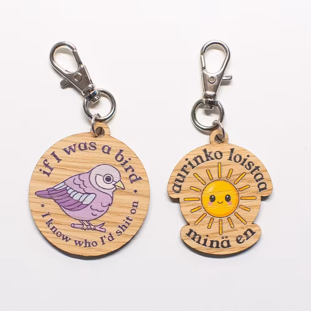 Vuorella kangaskauppa -Koristeet, avaimenperät, If I was a bird.. ja Aurinko loistaa..