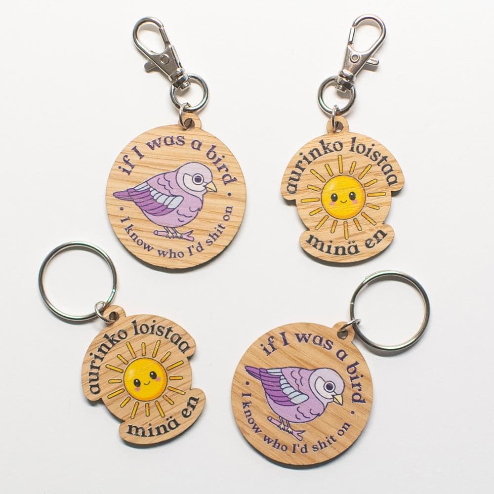 Vuorella kangaskauppa -Koristeet, avaimenperät, If I was a bird.. ja Aurinko loistaa..