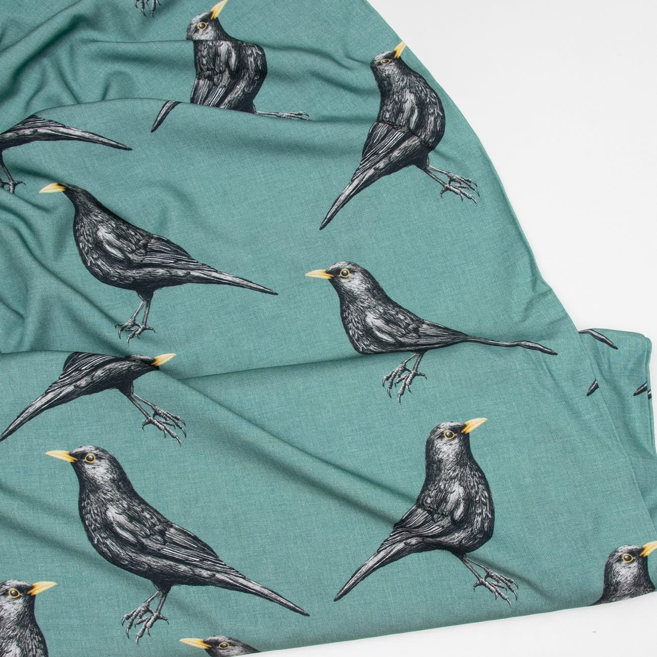 Vuorella kangaskauppa – Mustarastas teal viskoosi